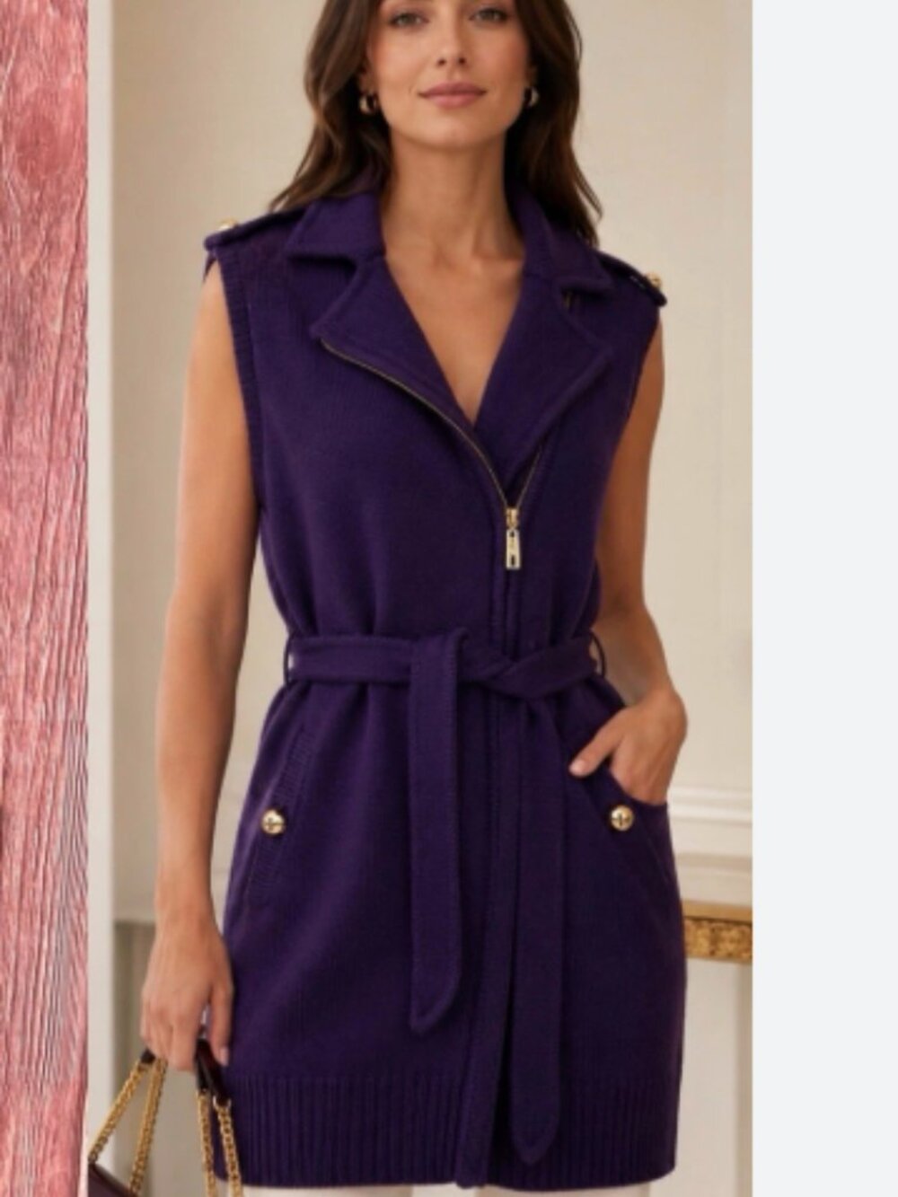 Tory Burch Purple Belted Zip Front 100% Merino Wool Sweater Vest Cardigan Large
